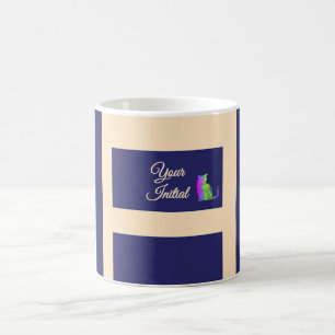 Dk Blue + Cream Stripes Green Cat Coffee Mug