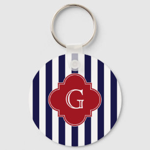 Dk Blue White Stripe Cranberry Quatrefoil Monogram Key Ring