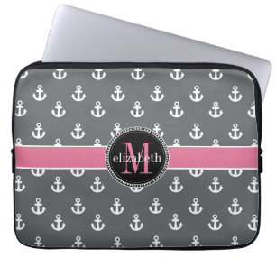 Dk Gray White Pink Ship Anchors Monogram Laptop Sleeve