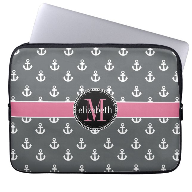 Dk Gray White Pink Ship Anchors Monogram Laptop Sleeve (Front)