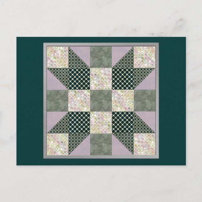 Dk Green & Lavender Star Patch Quilt Postcard (Front)