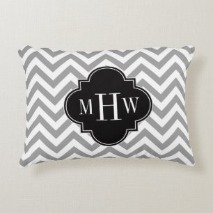 Dk Grey Lg Chevron Black Quatrefoil 3 Monogram Decorative Cushion