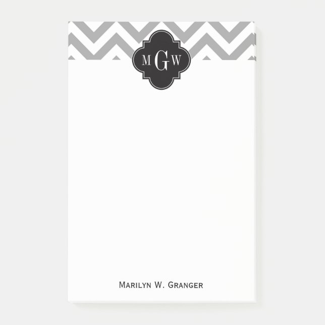 Dk Grey Lg Chevron Black Quatrefoil 3 Monogram Post-it Notes (Front)
