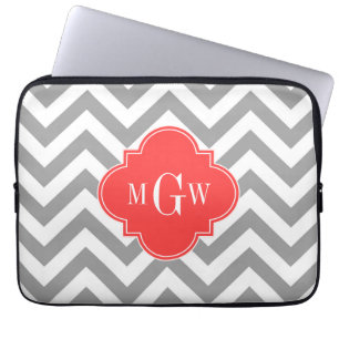 Dk Grey Lg Chevron Coral Red Quatrefoil 3 Monogram Laptop Sleeve