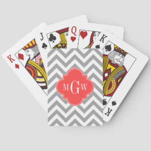 Dk Grey Lg Chevron Coral Red Quatrefoil 3 Monogram Playing Cards