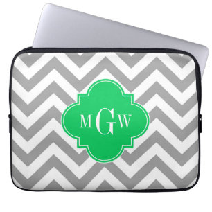 Dk Grey Lg Chevron Emerald Quatrefoil 3 Monogram Laptop Sleeve