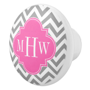 Dk Grey Lg Chevron Hot Pink Quatrefoil 3 Monogram Ceramic Knob