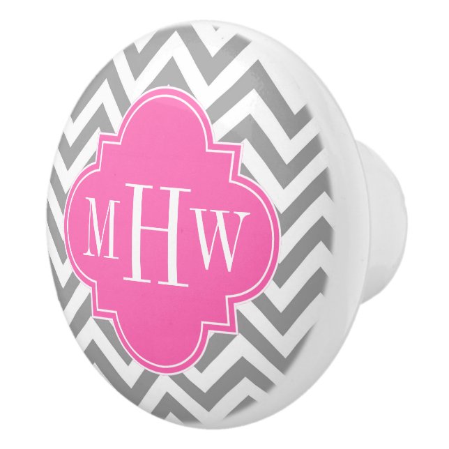 Dk Grey Lg Chevron Hot Pink Quatrefoil 3 Monogram Ceramic Knob (Right)