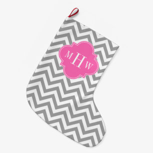 Dk Grey Lg Chevron Hot Pink Quatrefoil 3 Monogram Large Christmas Stocking
