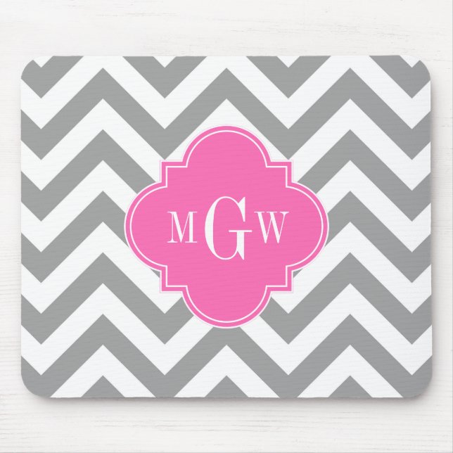 Dk Grey Lg Chevron Hot Pink Quatrefoil 3 Monogram Mouse Mat (Front)