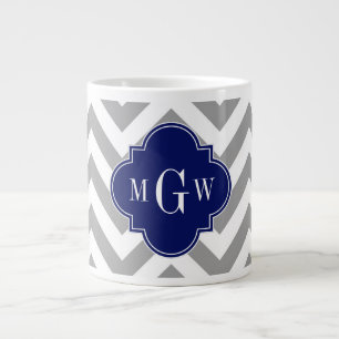 Dk Grey Lg Chevron Navy Quatrefoil 3 Monogram Large Coffee Mug