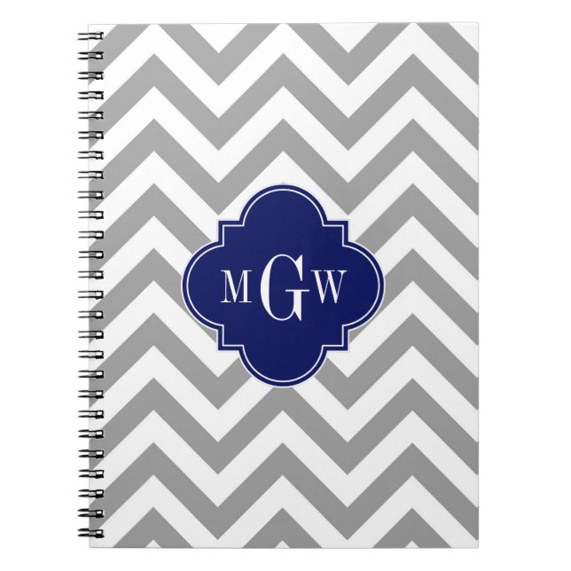 Dk Grey Lg Chevron Navy Quatrefoil 3 Monogram Notebook (Front)