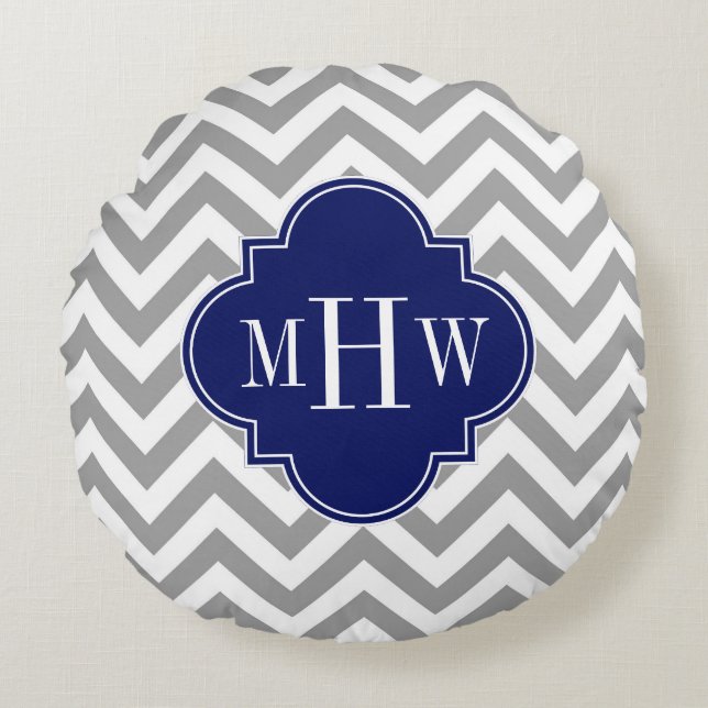 Dk Grey Lg Chevron Navy Quatrefoil 3 Monogram Round Cushion (Front)