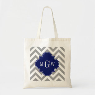 Dk Grey Lg Chevron Navy Quatrefoil 3 Monogram Tote Bag