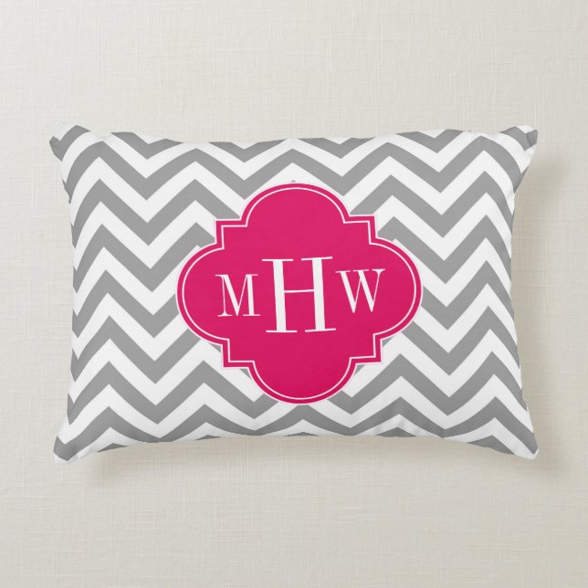 Dk Grey Lg Chevron Raspberry Quatrefoil 3 Monogram Decorative Cushion (Front)