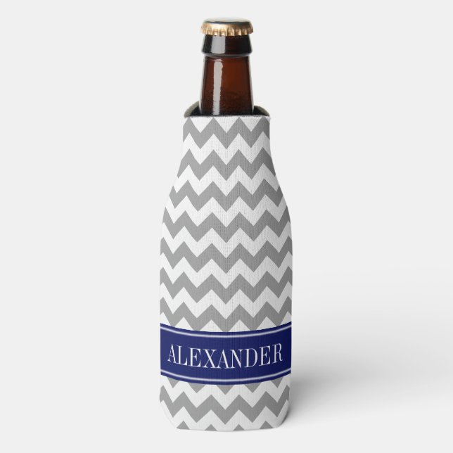 Dk Grey White Chevron Navy Name Monogram Bottle Cooler (Bottle Front)