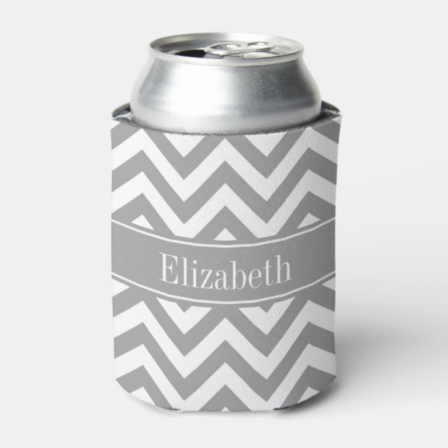 Dk Grey White LG Chevron Dk Grey Name Monogram Can Cooler (Can Front)