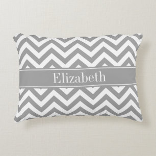 Dk Grey White LG Chevron Dk Grey Name Monogram Decorative Cushion