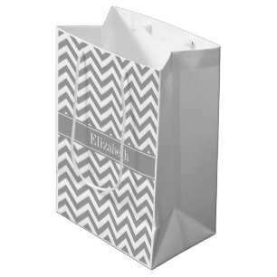 Dk Grey White LG Chevron Dk Grey Name Monogram Medium Gift Bag