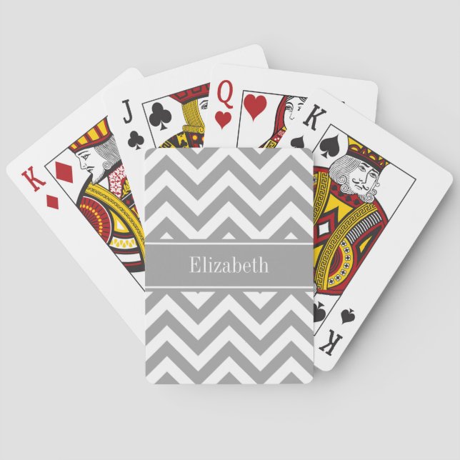Dk Grey White LG Chevron Dk Grey Name Monogram Playing Cards (Back)