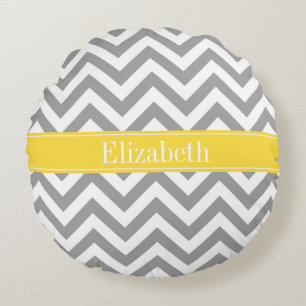 Dk Grey White LG Chevron Pineapple Name Monogram Round Cushion
