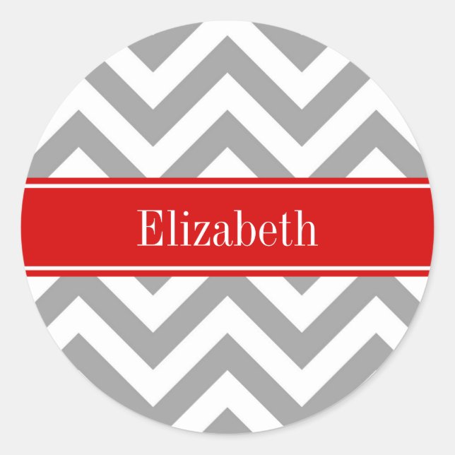 Dk Grey White LG Chevron Red Name Monogram Classic Round Sticker (Front)