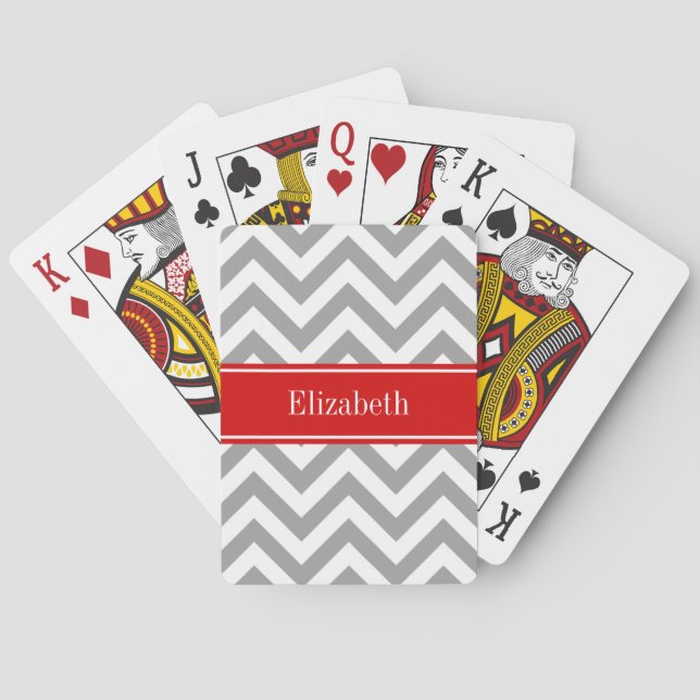 Dk Grey White LG Chevron Red Name Monogram Playing Cards (Back)