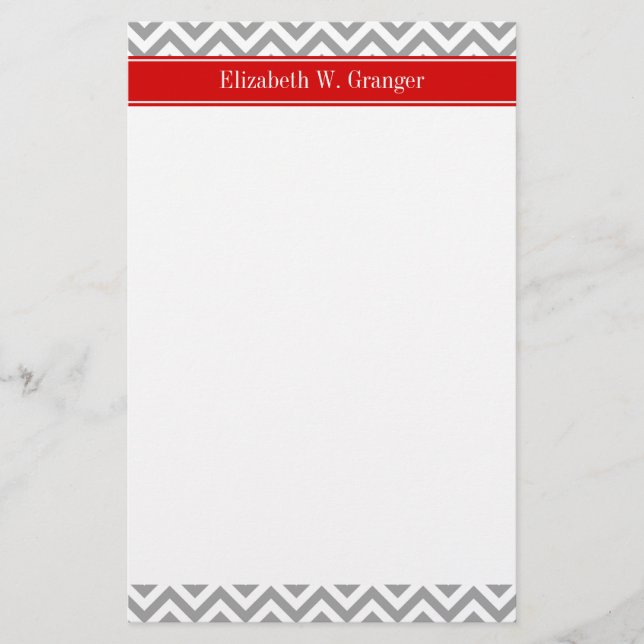 Dk Grey White LG Chevron Red Name Monogram Stationery (Front)