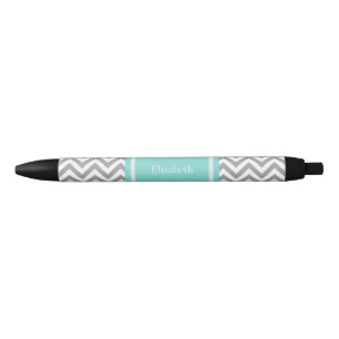 Dk Grey White LG Chevron Turquoise Name Monogram Black Ink Pen