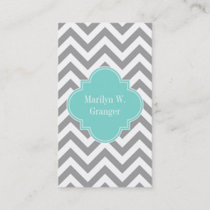 Dk Grey White LG Chevron Turquoise Name Monogram Business Card