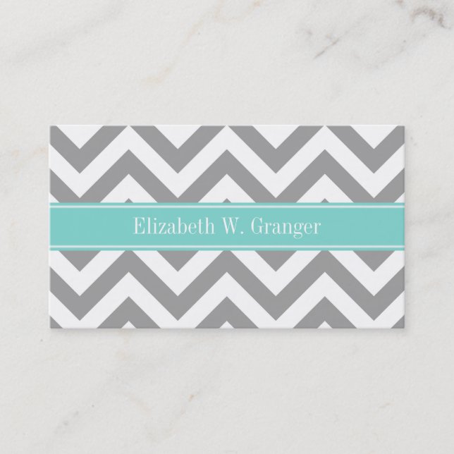 Dk Grey White LG Chevron Turquoise Name Monogram Business Card (Front)