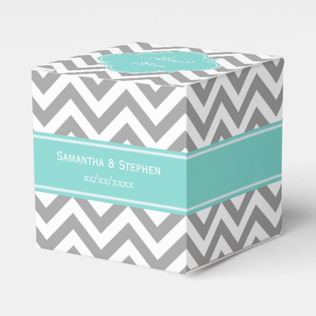Dk Grey White LG Chevron Turquoise Name Monogram Favour Box (Front Side)