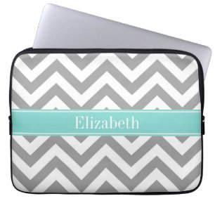 Dk Grey White LG Chevron Turquoise Name Monogram Laptop Sleeve