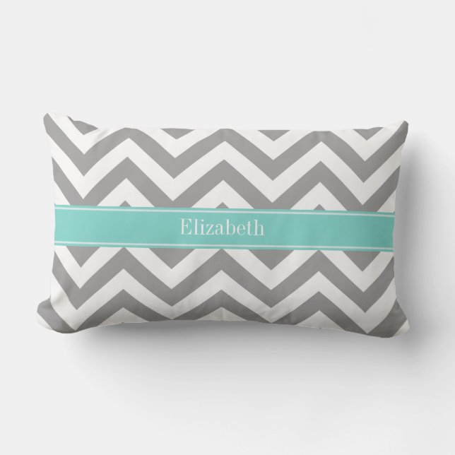 Dk Grey White LG Chevron Turquoise Name Monogram Lumbar Cushion (Front)