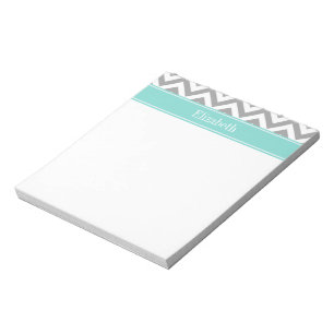 Dk Grey White LG Chevron Turquoise Name Monogram Notepad