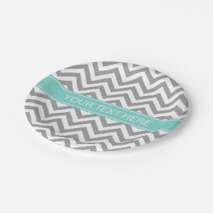 Dk Grey White LG Chevron Turquoise Name Monogram Paper Plate