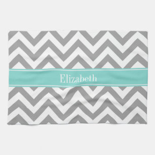 Dk Grey White LG Chevron Turquoise Name Monogram Tea Towel