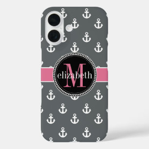 Dk Grey White Pink Ship Anchors Monogram iPhone 16 Case