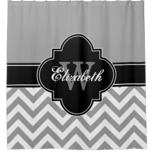 Dk Grey Wht LG Chevron Black 1ICBR Name Monogram Shower Curtain