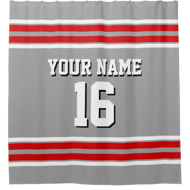 Dk Grey with Red White Stripes Sports Jersey Shower Curtain (Front)