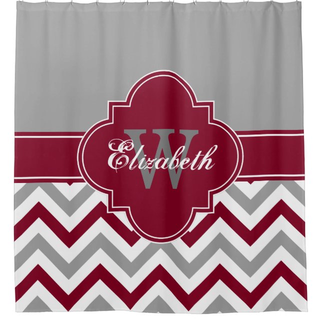 Dk Grey Wt Burgundy LG Chevron 1ICBR Name Monogram Shower Curtain (Front)