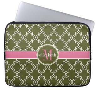 Dk Olive Pink White Moroccan Quatrefoil Monogram Laptop Sleeve