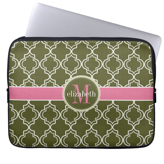 Dk Olive Pink White Moroccan Quatrefoil Monogram Laptop Sleeve (Front)