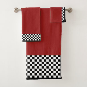 Dk Red + Black White Checks Bath Towel Set