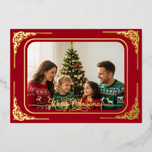 Dk Red Full photo Gold framed Christmas  Foil Holiday Card