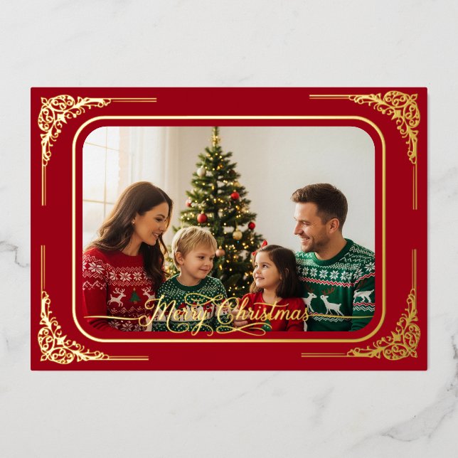 Dk Red Full photo Gold framed Christmas  Foil Holiday Card (Front)