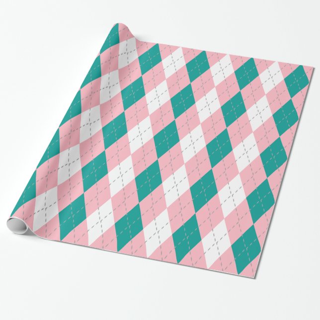 Dk Teal Pink Dark Grey Wht XL Argyle Wrapping Paper (Unrolled)