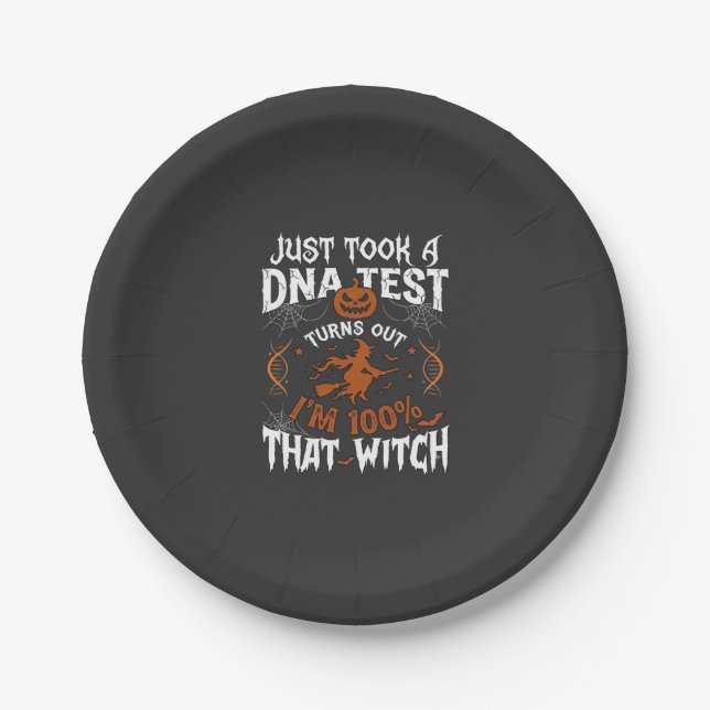 Dna Test Witch Halloween Pumpkin Spider Web Paper Plate (Front)