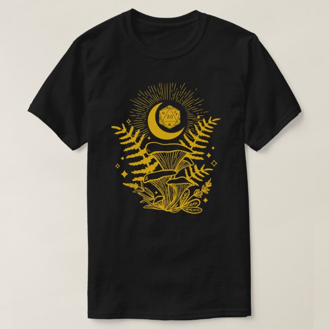 DND DRUID DICE Forest Mushroom Fern and Moon D20 f T-Shirt (Design Front)