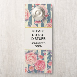 Do Not Distrub Pink Watercolor Flowers on Stripes Door Hanger